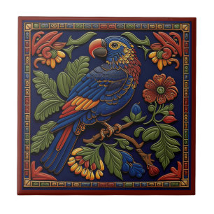 Mexican Huichol style parrot ceramic tile 5/12