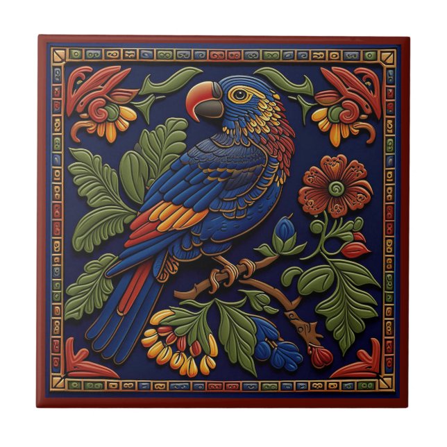 Mexican Huichol style parrot ceramic tile 5/12 (Front)