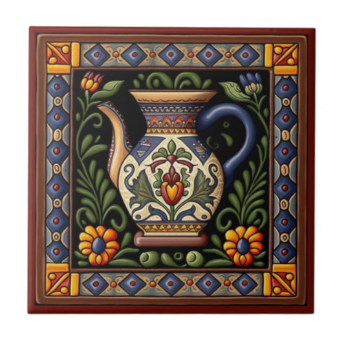 Mexican Huichol style pitcher ceramic tile 312