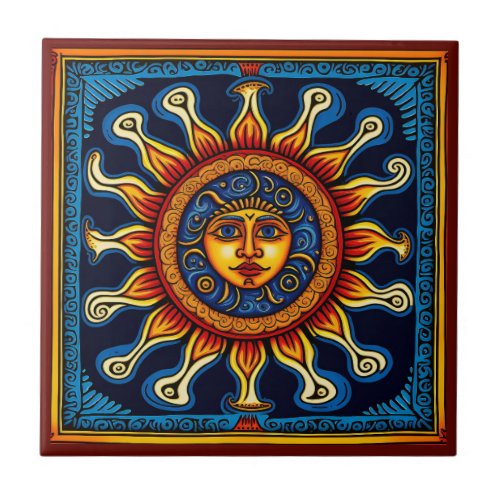 Mexican Huichol style sun ceramic tile