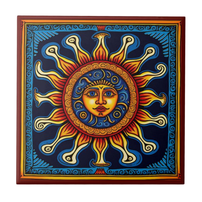Mexican Huichol style sun ceramic tile (Front)