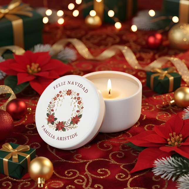Mexican Inspired Christmas Wreath Embroidery Mini Candle Favors (Spanish Mexican Inspired Christmas Floral Wreath Embroidery Style Mini Candle Favors.)