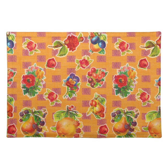 Mexican Inspired Oilcloth - Orange Fruit Flowers Cloth Placemat (Front)