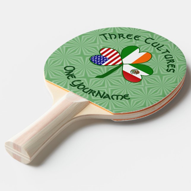 Mexican Irish American Flag Shamrock Personalized  Ping Pong Paddle (Front Angle)