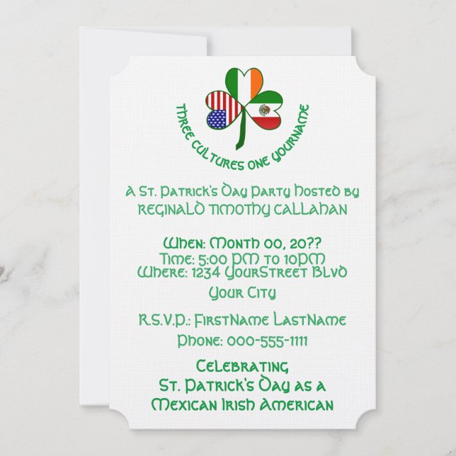 Mexican Irish USA Flag Shamrock Personalized  Invitation (Front)