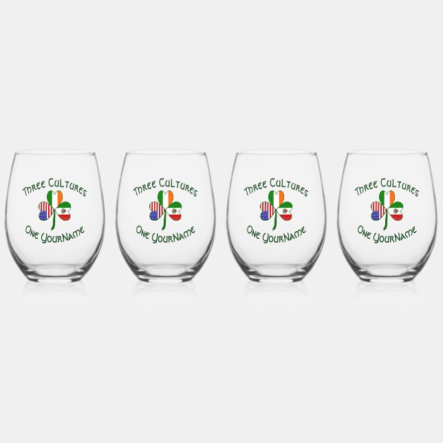 Mexican Irish USA Flags Shamrock Personalized  Stemless Wine Glass (Front)