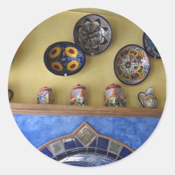 Mexican Kitchen Plates And Pottery Classic Round Sticker by beautyofmexico at Zazzle
