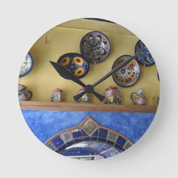 Mexican Kitchen Plates And Pottery Round Clock by beautyofmexico at Zazzle