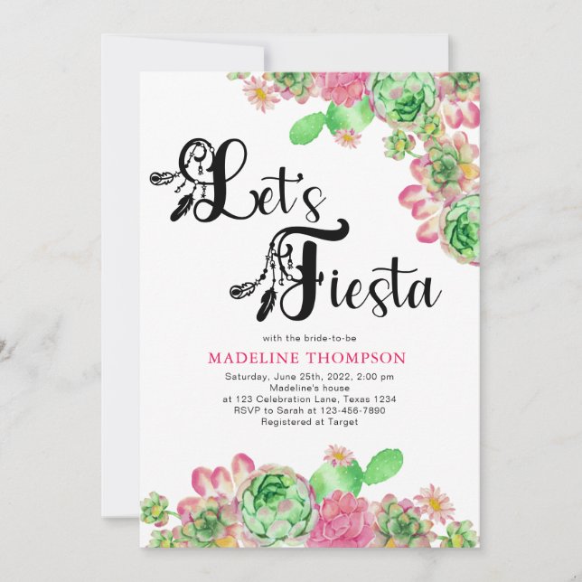 Mexican Let's Fiesta Pink Cactus Bridal Shower Invitation (Front)