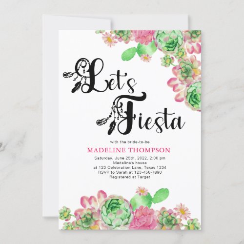 Mexican Lets Fiesta Pink Cactus Bridal Shower Invitation
