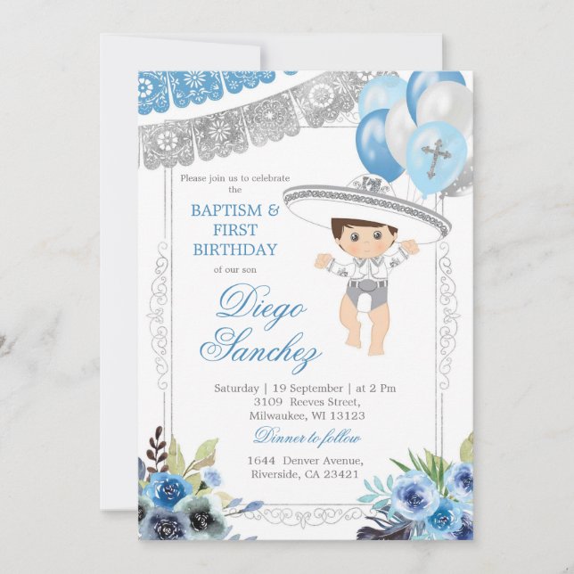 Mexican light Blue and silver Charro Let's Fiesta Invitation (Front)