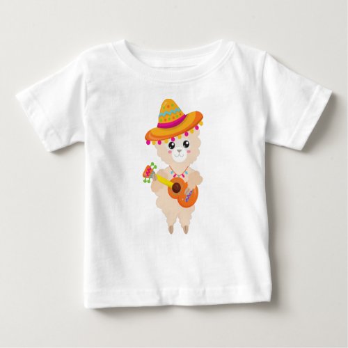 Mexican Llama Cute Llama Sombrero Guitar Baby T_Shirt