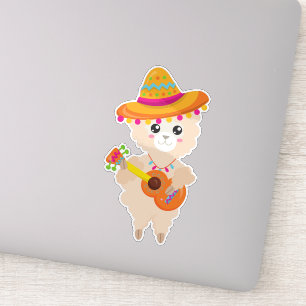 Mexican Llama, Cute Llama, Sombrero, Guitar Sticker