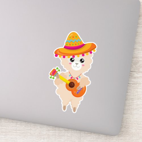 Mexican Llama Cute Llama Sombrero Guitar Sticker
