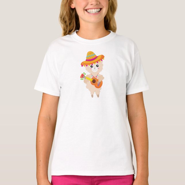 Mexican Llama, Cute Llama, Sombrero, Guitar T-Shirt (Front)