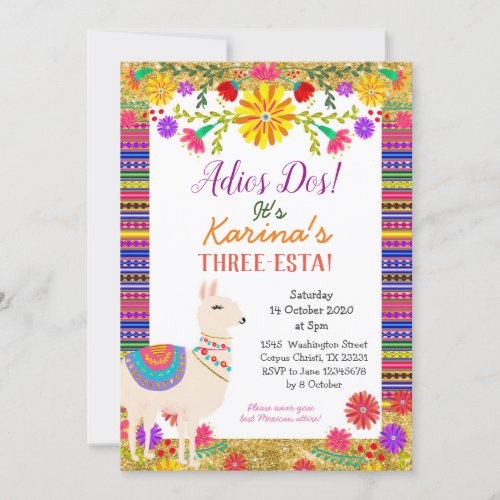 Mexican Llama Three_Esta Birthday Invitation