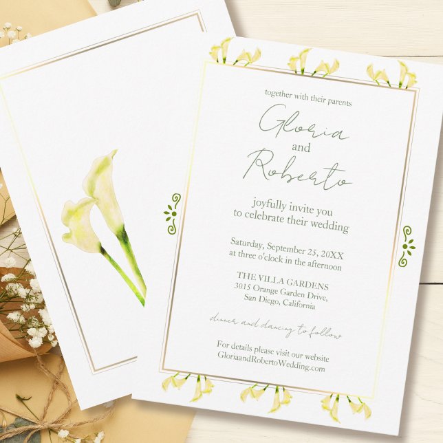 Mexican Minimalist Calla Lily & Golden Wedding Invitation (Creator Uploaded)
