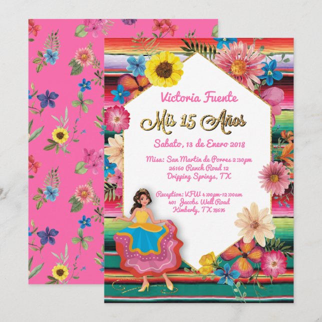 Mexican Mis 15 Anos Party Gold Glitter Invitation (Front/Back)