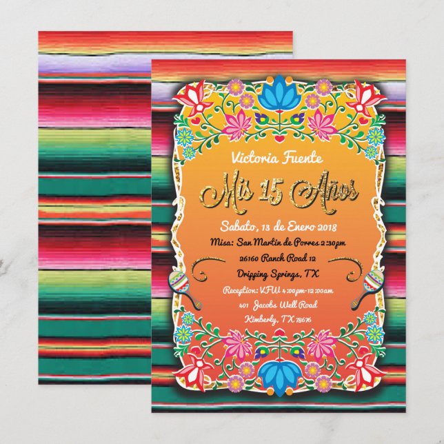 Mexican Mis 15 Anos Party Gold Glitter Invitation (Front/Back)