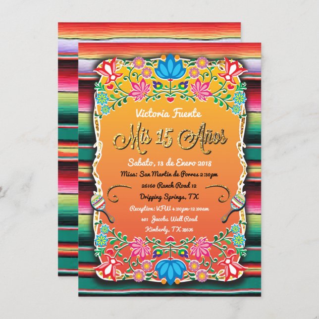 Mexican Mis 15 Anos Party Gold Glitter Invitation (Front/Back)