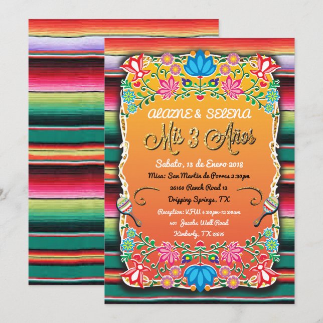 Mexican Mis 3 Anos Party Gold Glitter Invitation (Front/Back)