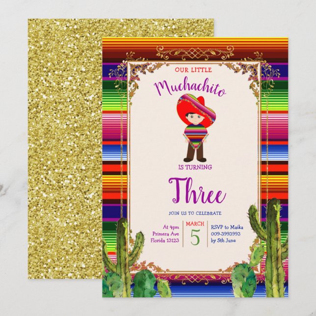 Mexican Muchachito Cactus Birthday Invitation (Front/Back)