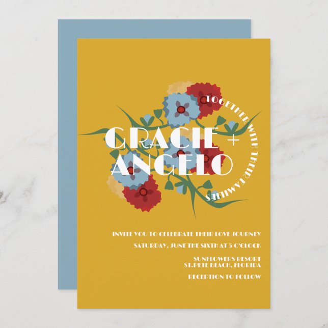 Mexican Mustard Blue Florals Wedding  Invitation (Front/Back)
