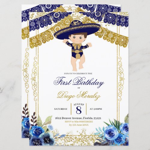 Mexican Navy Blue and Gold Charro First Birthday Invitation