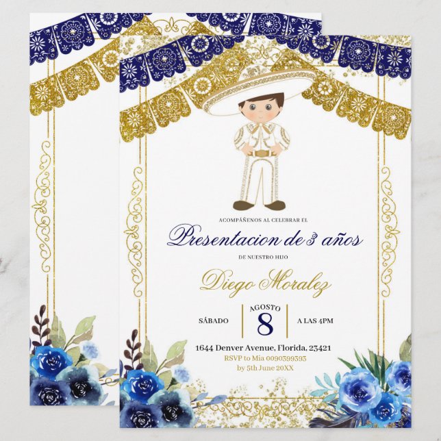 Mexican Navy Blue and Gold Charro Los 3 años Invitation (Front/Back)