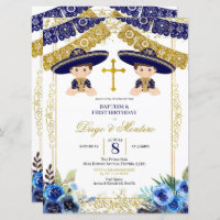 Mexican Navy Blue and Gold Charro Twins Invitation