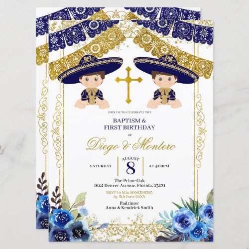 Mexican Navy Blue and Gold Charro Twins Invitation