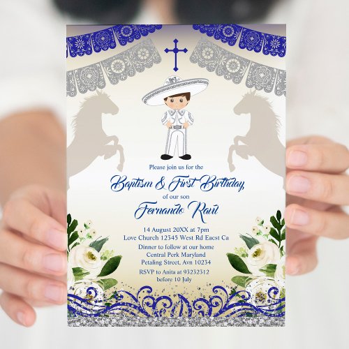 Mexican Navy Blue Boy Baptism and Birthday   Invitation