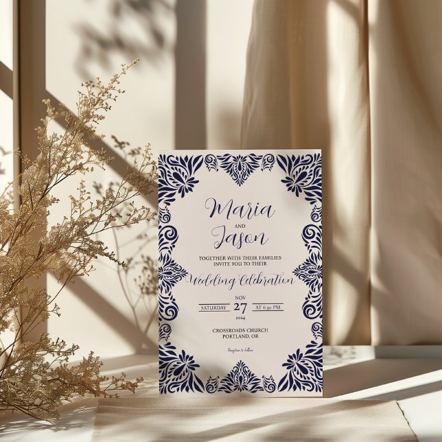 Mexican Navy Blue Floral Classic Elegant Wedding Invitation (Mexican Navy Blue Floral Classic Elegant Wedding Invitation)