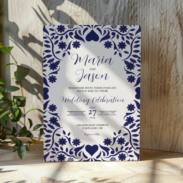 Mexican Navy Blue Floral Elegant Romantic Wedding Invitation (Mexican Navy Blue Floral Elegant Romantic Wedding Invitation)
