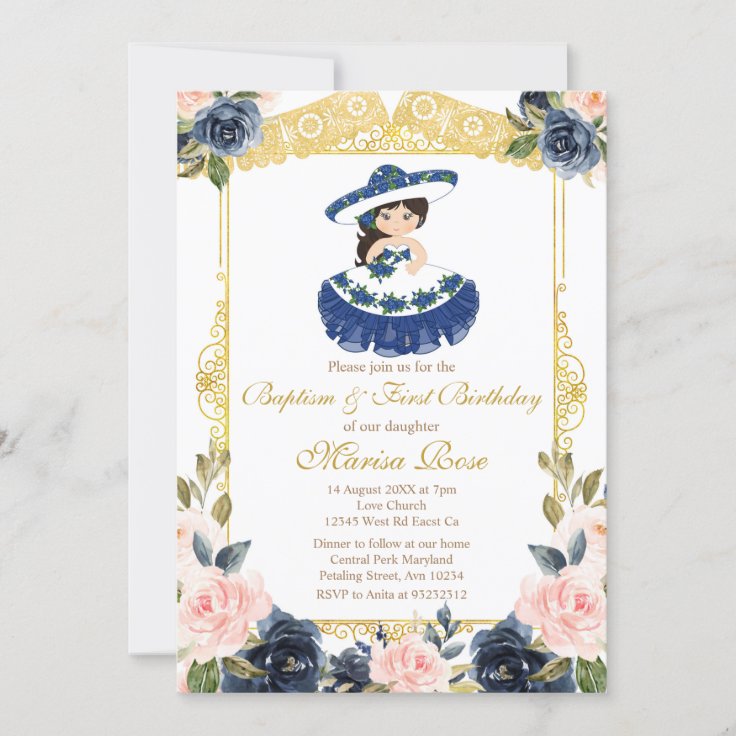 Mexican Navy Blue Girl Baptism Christening Invitation Zazzle