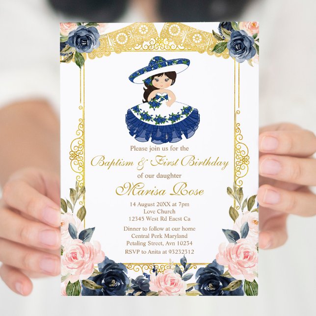 Mexican Navy Blue Girl Baptism Christening  Invitation (Creator Uploaded)