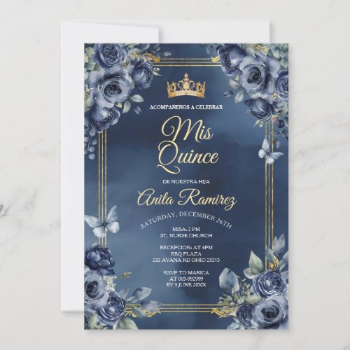 Mexican Navy Blue Roses 16th Birthday Quinceaera  Invitation