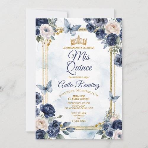 Mexican Navy Blue Roses Sweet 16th Girl Mis Quince Invitation