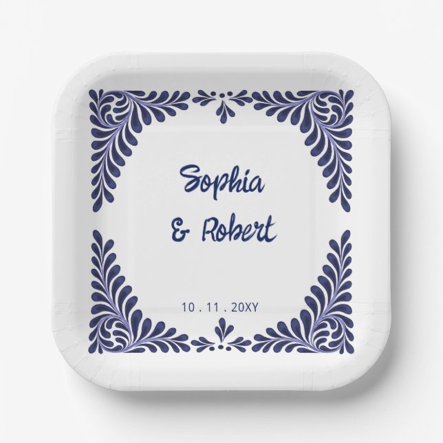 Mexican Navy Blue Talavera Tiles Wedding Paper Plates (Front)