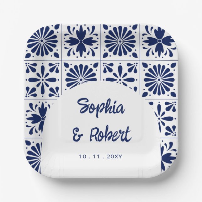 Mexican Navy Blue Talavera Tiles Wedding Paper Plates (Front)