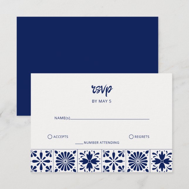 Mexican Navy Blue Talavera Tiles Wedding RSVP Card (Front/Back)