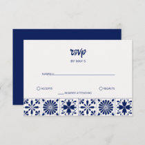 Mexican Navy Blue Talavera Tiles Wedding RSVP Card