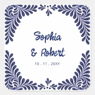 Mexican Navy Blue Talavera Tiles Wedding Square Sticker