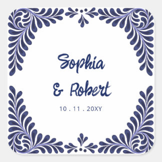 Mexican Navy Blue Talavera Tiles Wedding Square Sticker