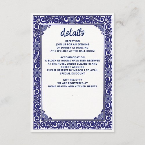 Mexican Navy Blue Talavera Wedding Enclosure Card