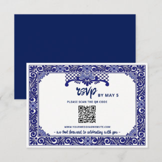 Mexican Navy Blue Talavera Wedding QR Code RSVP Card