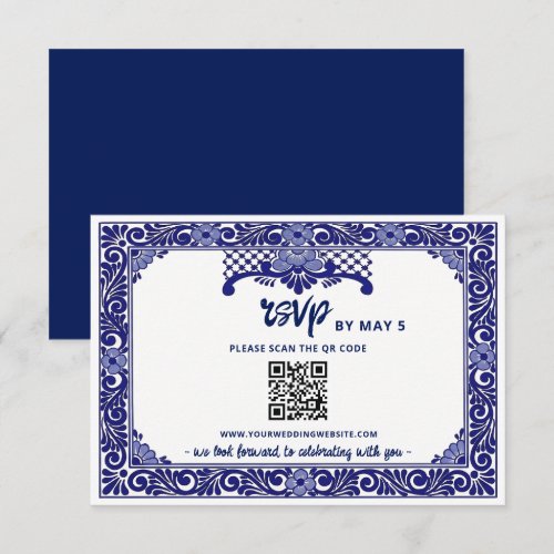 Mexican Navy Blue Talavera Wedding QR Code RSVP Card