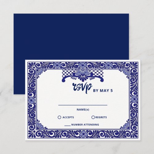 Mexican Navy Blue Talavera Wedding RSVP Card