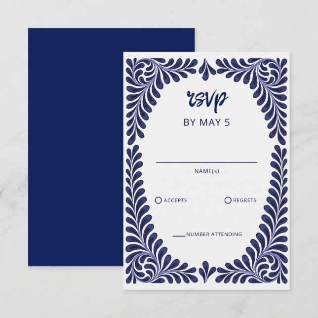 Mexican Navy Blue Talavera Wedding RSVP Card (Front/Back)