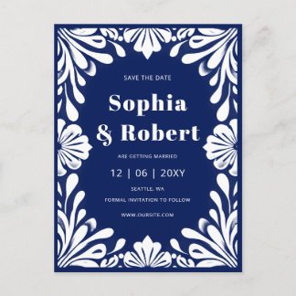 Mexican Navy Blue Talavera Wedding Save the Date Announcement Postcard